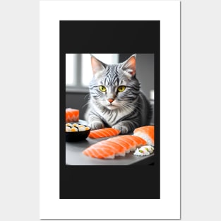 Cat Eating Sushi - Modern Digital Art Posters and Art